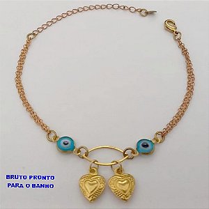 PULSEIRA NO BRUTO PRONTO PARA O BANHO(CX168) PULSEIRA COM OLHO GREGO E DOIS CORAÇÃO (TAMANHO 18CM+ EXTENSOR)PESO 2,3GR - BRU25001