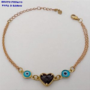 PULSEIRA NO BRUTO PRONTO PARA O BANHO(CX168) PULSEIRA COM OLHO GREGO E UM CORAÇÃO DE VIDRO (TAMANHO 18CM+ EXTENSOR)PESO 2,3GR - BRU25002