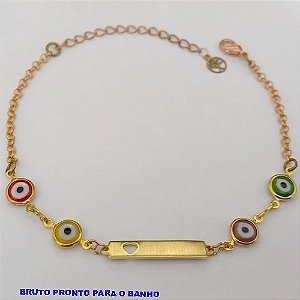 PULSEIRA NO BRUTO PRONTO PARA O BANHO(CX168)PULSEIRA COM CONECTOR DE CHAPINHA E OLHO GREGO (TAMANHO 18CM+EXTENSOR) - PESO 2.8GR - BRU25014