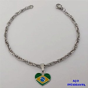 PULSEIRA EM AÇO INOXIDAVEL COM PINGENTE BANDEIRA DO " BRASIL " RESINADA EM FORMA DE CORAÇÃO DE 13MM( TAMANHO 18CM) AÇO3023