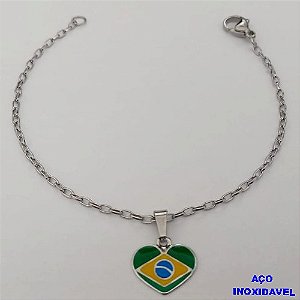 PULSEIRA EM AÇO INOXIDAVEL COM PINGENTE BANDEIRA DO " BRASIL " RESINADA EM FORMA DE CORAÇÃO DE 13MM( TAMANHO 18CM) AÇO3029