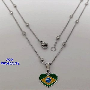 GARGANTILHA EM AÇO INOXIDAVEL COM PINGENTE BANDEIRA DO " BRASIL " RESINADA EM FORMA DE CORAÇÃO DE 13MM( TAMANHO 45CM) AÇO30312
