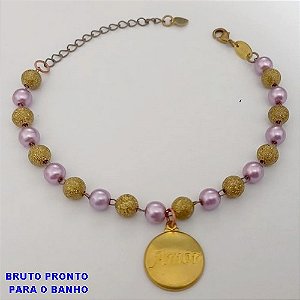 PULSEIRA NO BRUTO PRONTO PARA O BANHO(CX169)COM CONTAS EM PEROLAS E LATÃO DIAMANTADA DE 4MM / PESO 5.1GR / TAMANHO 18CM+EXTENSOR - BRU25039