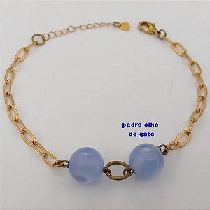 PULSEIRA NO BRUTO PRONTO PARA O BANHO(CX169)COM PEDRA OLHO DE GATO AZUL DE 12MM / PESO 5.8GR / TAMANHO 18CM+EXTENSOR - BRU25044