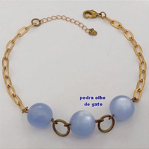 PULSEIRA NO BRUTO PRONTO PARA O BANHO(CX169)COM PEDRA OLHO DE GATO AZUL DE 12MM / PESO 6.5GR / TAMANHO 18CM+EXTENSOR - BRU25045