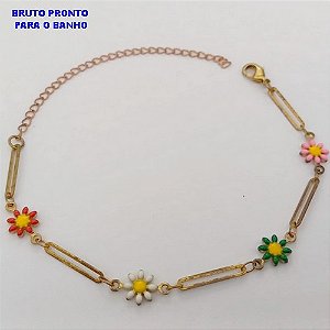 PULSEIRA NO BRUTO PRONTO PARA O BANHO(CX170)PULSEIRA TODA TRABALHADA COM MARGARIDAS RESINADAS (TAMANHO 18CM )COM FECHO LAGOSTA - PESO 2,1GR - BRU25088