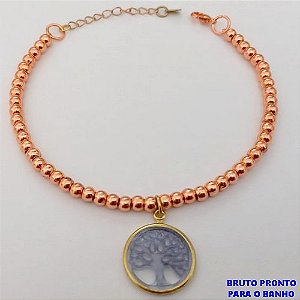 PULSEIRA NO BRUTO PRONTO PARA O BANHO(CX170) COM CORRENTE DE BOLINHAS E PINGENTE ARVORE DA VIDA EM RESINA/LATÃO )PULSEIRA 18CM+EXTENSOR - PINGENTE 1,5MM - PESO 2,7GR - BRU25143