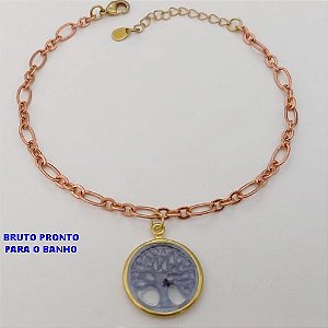 PULSEIRA NO BRUTO PRONTO PARA O BANHO(CX170) COM CORRENTE TREIS POR UM E PINGENTE ARVORE DA VIDA EM RESINA/LATÃO )PULSEIRA 18CM+EXTENSOR - PINGENTE 1,5MM - PESO 3.1GR - BRU25145