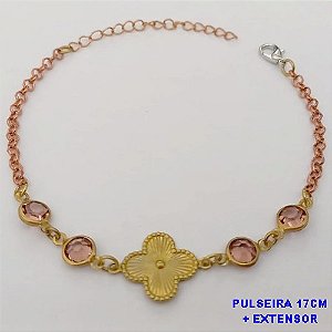 PULSEIRA NO BRUTO PRONTO PARA O BANHO(CX171)-PULSEIRA CORRENTE ELLO PORTUGUES COM TREVO E PEDRAS DE VIDRO / TAMANHO 17CM+EXTENSOR(PESO 2.8GR ) BRU25150
