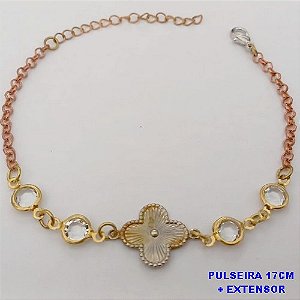 PULSEIRA NO BRUTO PRONTO PARA O BANHO(CX171)-PULSEIRA CORRENTE ELLO PORTUGUES COM TREVO E PEDRAS DE VIDRO / TAMANHO 17CM+EXTENSOR(PESO 2.8GR ) BRU25151