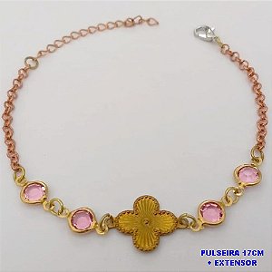 PULSEIRA NO BRUTO PRONTO PARA O BANHO(CX171)-PULSEIRA CORRENTE ELLO PORTUGUES COM TREVO E PEDRAS DE VIDRO / TAMANHO 17CM+EXTENSOR(PESO 2.8GR ) BRU25153