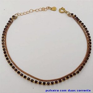 PULSEIRA NO BRUTO PRONTO PARA O BANHO(CX171)-PULSEIRA CORRENTE DUPLA RABO DE RATO E CRISTAL NEGRO / TAMANHO 18CM+EXTENSOR(PESO 3.6GR ) BRU25154