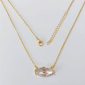 GARGANTILHA FOLHEADA A OURO - BANHADO COM 5 MILÉSIMOS + VERNIZ DIAMOND - GARGANTILHA COM PINGENTE OLHO COM ZIRCÔNIA CRISTAL E ROSA 22MM - TAMANHO 42CM + EXTENSOR OURO1274