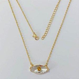 GARGANTILHA FOLHEADA A OURO - BANHADO COM 5 MILÉSIMOS + VERNIZ DIAMOND - GARGANTILHA COM PINGENTE OLHO COM ZIRCÔNIA CRISTAL E AMARELA 22MM - TAMANHO 42CM + EXTENSOR OURO1275
