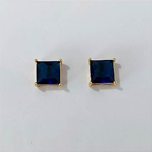 BRINCO FOLHEADO A OURO - BANHADO COM 5 MILÉSIMOS + VERNIZ DIAMOND - BRINCO DE PINO COM ZIRCÔNIA QUADRADA AZUL ESCURO 12MM OURO1278