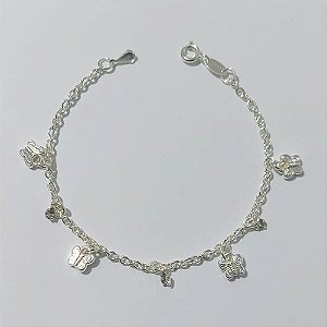 PULSEIRA FOLHEADA A PRATA COM 50 MILÉSIMOS + VERNIZ DIAMOND - PULSEIRA 17CM COM STRASS E BORBOLETAS - PRA888