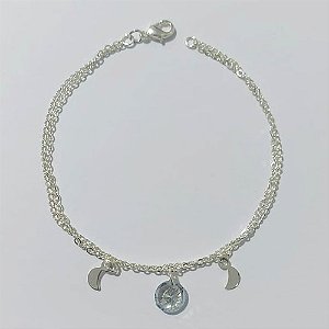 PULSEIRA FOLHEADA A PRATA COM 50 MILÉSIMOS + VERNIZ DIAMOND - PULSEIRA DUPLA 18CM COM LUAS E ZIRCÔNIA - PRA889