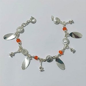 PULSEIRA FOLHEADA A PRATA COM 50 MILÉSIMOS + VERNIZ DIAMOND - PULSEIRA INFANTIL 13CM COM SOL E PENDURICALHOS - PRA890