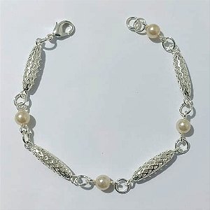 PULSEIRA FOLHEADA A PRATA COM 50 MILÉSIMOS + VERNIZ DIAMOND - PULSEIRA 18CM COM PÉROLAS - PRA891