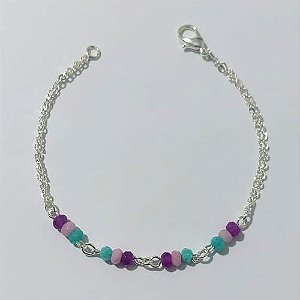 PULSEIRA FOLHEADA A PRATA COM 50 MILÉSIMOS + VERNIZ DIAMOND - PULSEIRA DUPLA 17CM COM MIÇANGAS COLORIDAS - PRA892