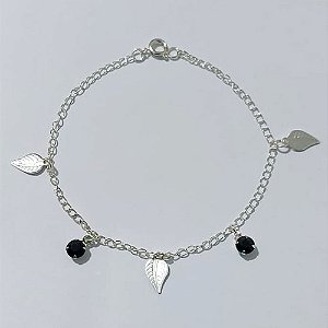 PULSEIRA FOLHEADA A PRATA COM 50 MILÉSIMOS + VERNIZ DIAMOND - PULSEIRA 20CM COM FOLHAS E ZIRCÔNIAS NEGRAS - PRA895