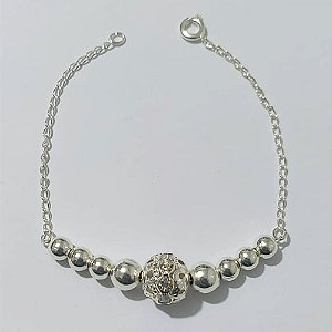 PULSEIRA FOLHEADA A PRATA COM 50 MILÉSIMOS + VERNIZ DIAMOND - PULSEIRA 19CM COM ESFERAS E ZIRCÔNIAS - PRA899