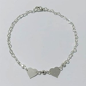 PULSEIRA FOLHEADA A PRATA COM 50 MILÉSIMOS + VERNIZ DIAMOND - PULSEIRA 19CM STRASS E CORAÇÕES - PRA902