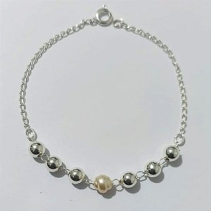 PULSEIRA FOLHEADA A PRATA COM 50 MILÉSIMOS + VERNIZ DIAMOND - PULSEIRA 19CM COM ESFERAS - PRA904