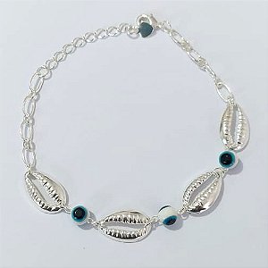 PULSEIRA FOLHEADA A PRATA COM 50 MILÉSIMOS + VERNIZ DIAMOND - PULSEIRA 18CM + EXTENSOR COM OLHOS GREGOS E BUZIOS - PRA910