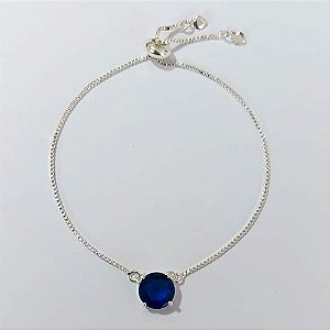 PULSEIRA FOLHEADA A PRATA COM 50 MILÉSIMOS + VERNIZ DIAMOND - PULSEIRA AJUSTÁVEL COM ZIRCÔNIA REDONDA AZUL ESCURA 10MM - PRA913