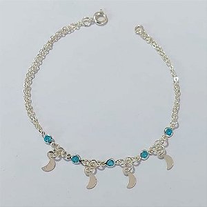 PULSEIRA FOLHEADA A PRATA COM 50 MILÉSIMOS + VERNIZ DIAMOND - PULSEIRA DUPLA 18CM COM LUAS E STRASS AZUIS - PRA919