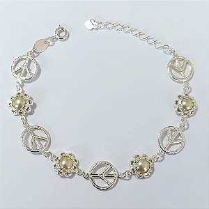 PULSEIRA FOLHEADA A PRATA COM 50 MILÉSIMOS + VERNIZ DIAMOND - PULSEIRA 18CM + EXTENSOR COM PÉROLAS E SIMBOLO - PRA920