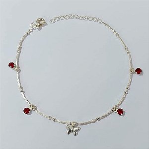 PULSEIRA FOLHEADA A PRATA COM 50 MILÉSIMOS + VERNIZ DIAMOND - PULSEIRA 20CM + EXTENSOR COM BORBOLETA E CRISTAIS VERMELHOS - PRA923
