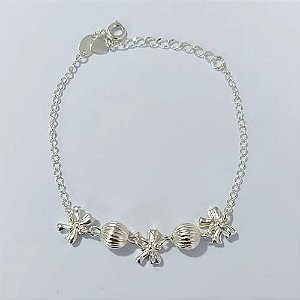 PULSEIRA FOLHEADA A PRATA COM 50 MILÉSIMOS + VERNIZ DIAMOND - PULSEIRA 18CM + EXTENSOR COM ESFERAS E LACINHOS - PRA925