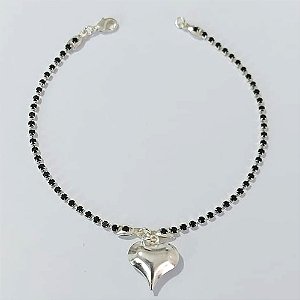 PULSEIRA FOLHEADA A PRATA COM 50 MILÉSIMOS + VERNIZ DIAMOND - PULSEIRA 19CM COM ZIRCÔNIAS NEGRAS E CORAÇÃO DUPLO - PRA931