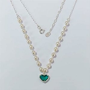 SHOCKER FOLHEADA A PRATA COM 50 MILÉSIMOS + VERNIZ DIAMOND - SHOCKER 40CM + EXTENSOR COM PÉROLAS E CORAÇÃO VIDRO VERDE - PRA932