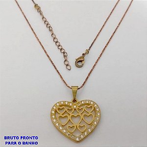 GARGANTILHA NO BRUTO PRONTO PARA O BANHO(174)-GARGANTILHA COM CORRENTE L11 COM FECHO LAGOSTA (TAMANHO 45CM+EXTENSOR)( PINGENTE DE CORAÇÃO EM ALTA FUSÃO CRAVEJADO 20MM)/ PESO 3.9GR - BRU25287
