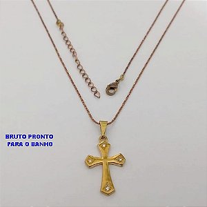 GARGANTILHA NO BRUTO PRONTO PARA O BANHO(174)-GARGANTILHA COM CORRENTE L11 COM FECHO LAGOSTA (TAMANHO 45CM+EXTENSOR)( PINGENTE DE CRUZ EM ALTA FUSÃO CRAVEJADO / PESO 2.9GR - BRU25288