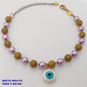 PULSEIRA NO BRUTO PRONTO PARA O BANHO(CX175) PULSEIRA NO BRUTO SIMPLES E DELICADA PINGENTE OLHO GREGO DA PEROLAS / BOLAS DE 6MM DIAMANTADA DE 6MM / / PESO TOTAL 4.9GR / BRU25337