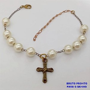 PULSEIRA NO BRUTO PRONTO PARA O BANHO(CX175) PULSEIRA NO BRUTO SIMPLES E DELICADA COM PEROLAS DE 8NN E CRUZ / PESO TOTAL 4,7GR / BRU25339