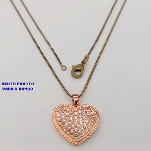 GARGANTILHA NO BRUTO PRONTO PARA O BANHO(CX175) GARGANTILHA COM CORRENTE VENEZIANA DE 45CM / PINGENTE CORAÇÃO TODO CRAVEJADA 2CMCM / PESO TOTAL 4.1GR / BRU25357