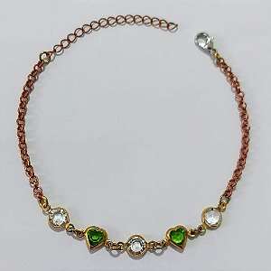 PULSEIRA NO BRUTO PRONTO PARA O BANHO - (CX.57) PULSEIRA COM CORAÇÕES EM PEDRA CRISTAL VERDE E PEDRA CRISTAL BRANCA 16CM / PESO 2,9GR / BRU25508