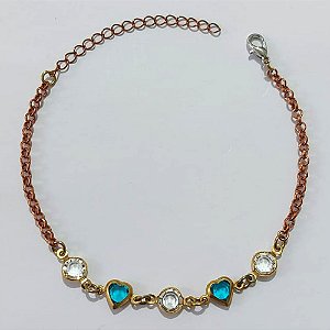 PULSEIRA NO BRUTO PRONTO PARA O BANHO - (CX.57) PULSEIRA COM CORAÇÕES AZUÍS E PEDRA CRISTALL 17CM / PESO 2,1GR / BRU25511
