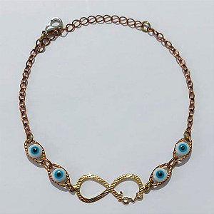 PULSEIRA NO BRUTO PRONTO PARA O BANHO - PULSEIRA COM OLHOS GREGOS E SÍMBOLO INFINITO 17CM / PESO 2,1GR / BRU25518