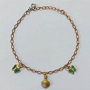 PULSEIRA NO BRUTO PRONTO PARA O BANHO - PULSEIRA COM BORBOLETAS VERDES E CONCHA 17CM / PESO 1,6GR / BRU25522