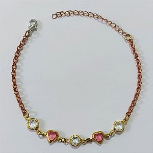 PULSEIRA NO BRUTO PRONTO PARA O BANHO - PULSEIRA COM CORAÇÕES ROSAS E PEDRA CRISTAIS 17CM / PESO 3,0GR / BRU25523