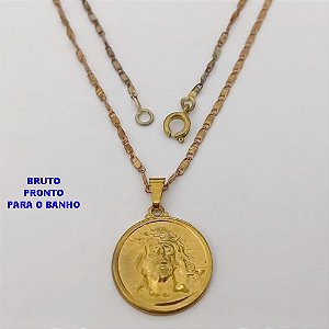 GARGANTILHA NO BRUTO PRONTO PARA BANHO (CX177) (100% LATÃO) - CORRENTE PIESTRINE DE 50CM E PINGENTE FACE DE CRISTO DE (20MM)2CM - PESO TOTAL 4.2GR - BRU25420