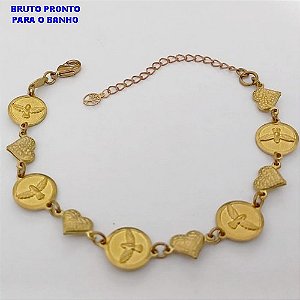 PULSEIRA NO BRUTO PRONTO PARA BANHO (CX177) (100% LATÃO) -PULSEIRA TODA COM CONECTOR DE SAO BENTO E CORAÇÃO - TAMANHO 18CM+EXTENSOR - PESO TOTAL 8.4GR - BRU25433