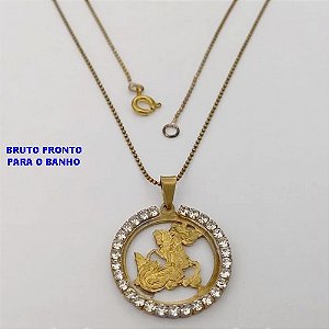 GARGANTILHA NO BRUTO PRONTO PARA BANHO (CX177) (100% LATÃO) -GARGANTILHA COM CORRENTE DE BOLINHAS DE 56CM - PINGENTE DE SAÕ JORGE COM BORDAS CRAVEJADA (PEDRA DE ZIRCONIA)- PESO TOTAL 3.4GR - BRU25435