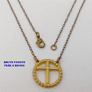 GARGANTILHA NO BRUTO PRONTO PARA BANHO (CX177) (100% LATÃO) -GARGANTILHA COM CORRENTE CADEADO E UMA CRUZ COM UMA PEDRINHA DE ZIRCONIA - PESO TOTAL 3GR - BRU25436